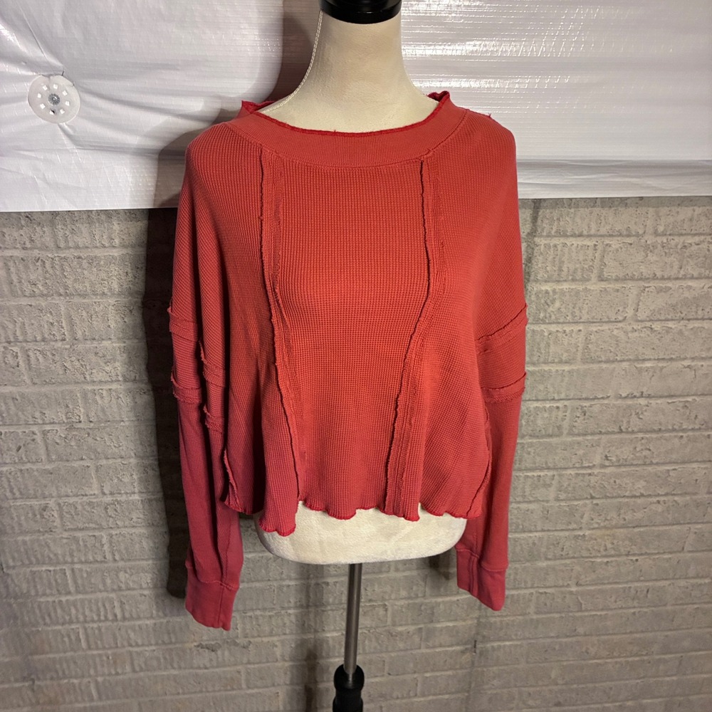 Free People We The Free Red Waffle Knit Thermal Raw Hem Top XS